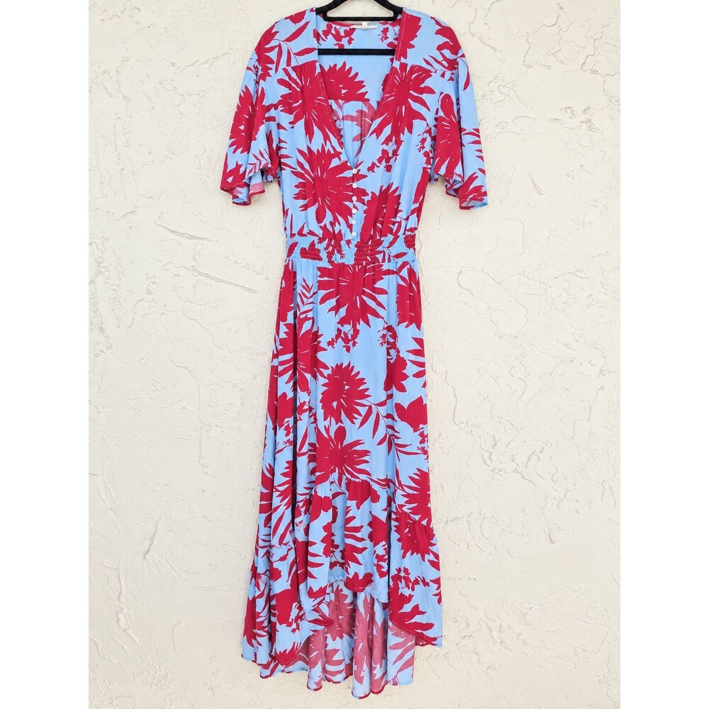 Abel The Label Women M Blue Pink Floral V Neck Button Front Flutter Maxi Dress